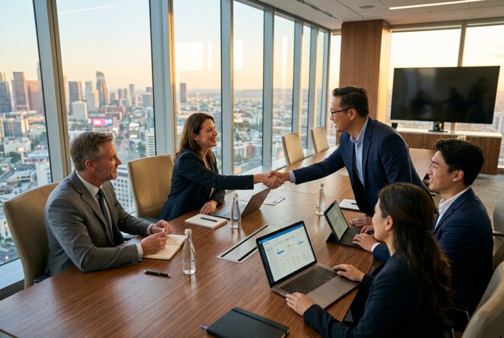 Reunião de parceria estratégica e consultoria de TI com lideranças empresariais